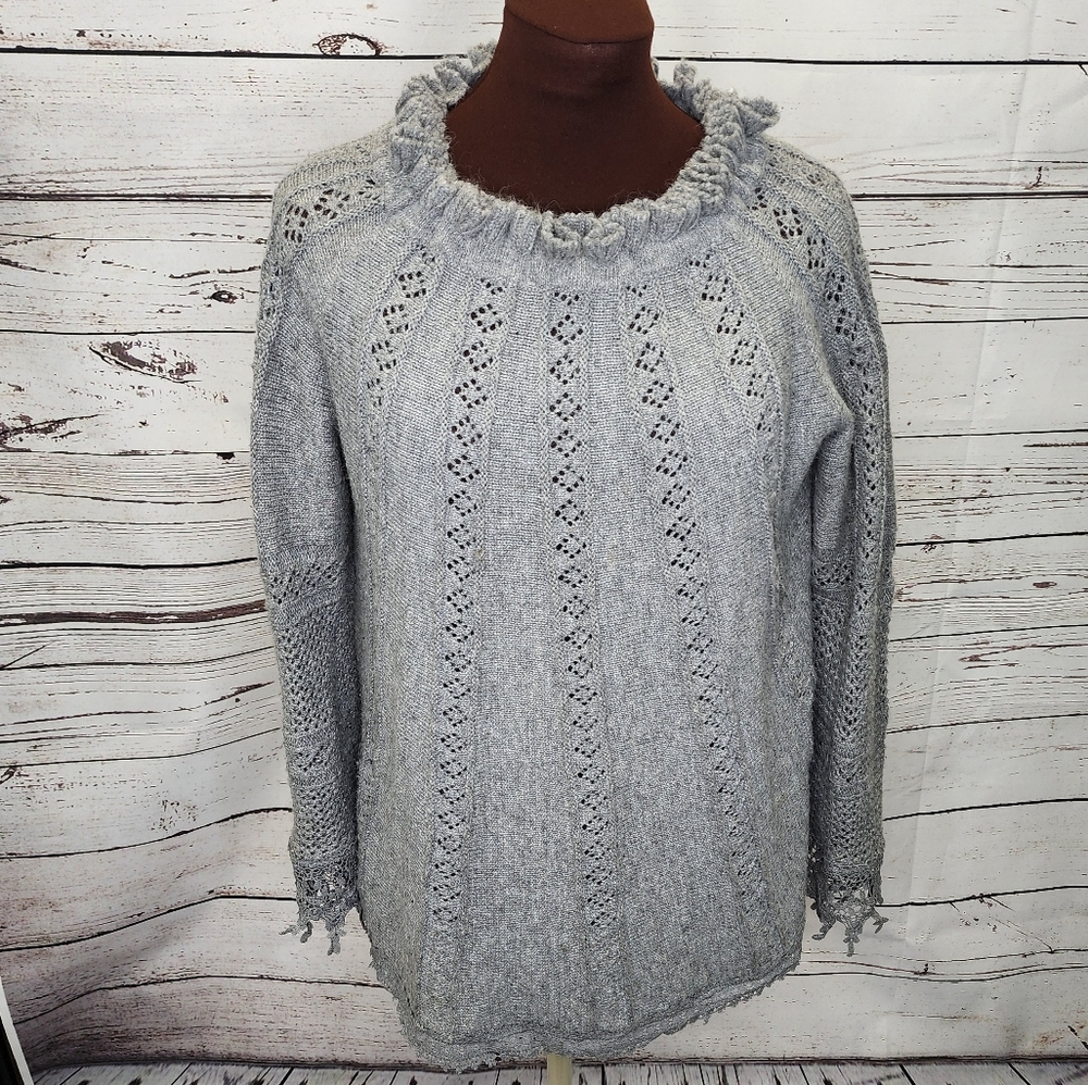 POL Rabbit Wool Pointelle Ruffle Neck Grannycore Sweater‎ Gray Size Medium